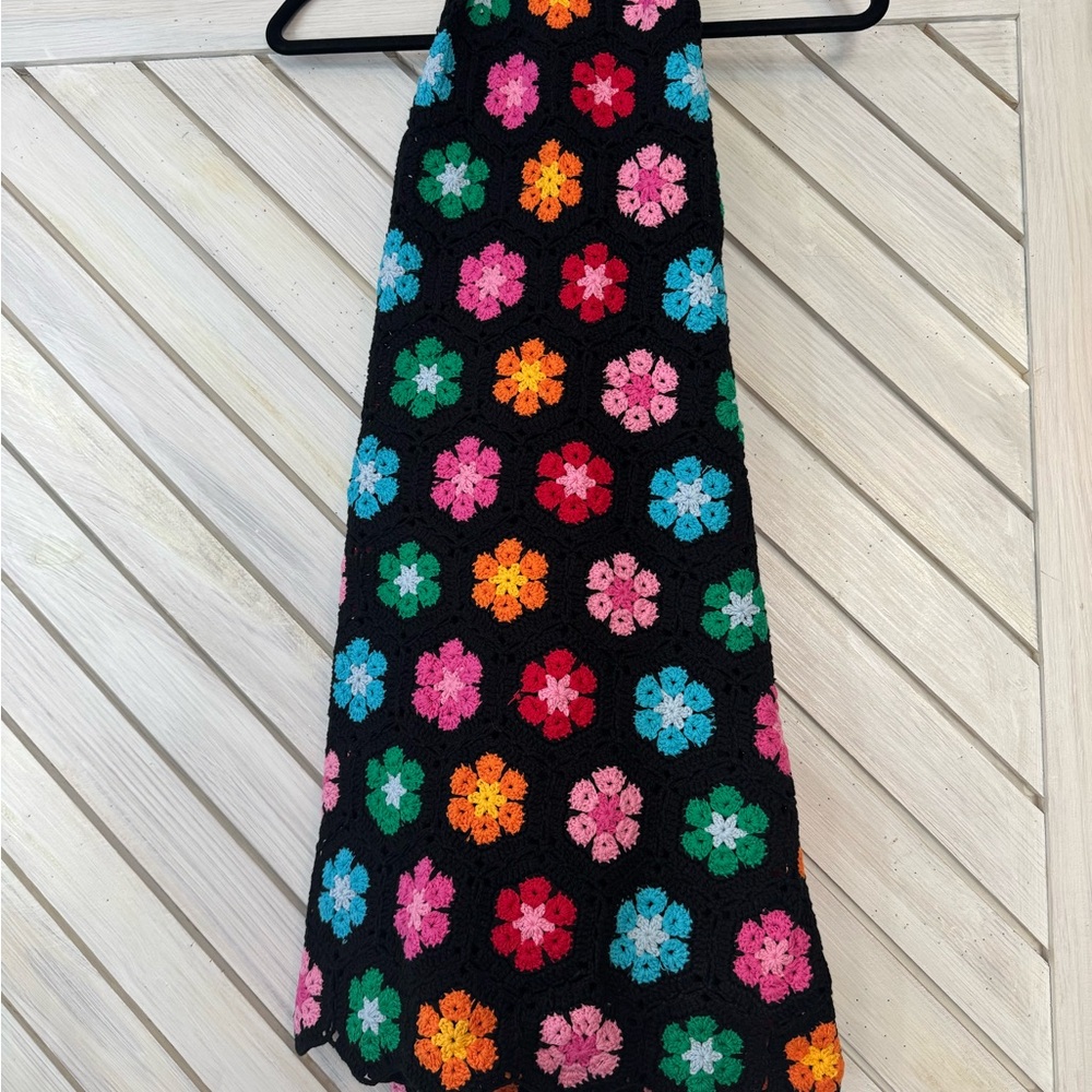 Show Me Your MuMu Black Midi Dress with Multicolor Floral Crochet